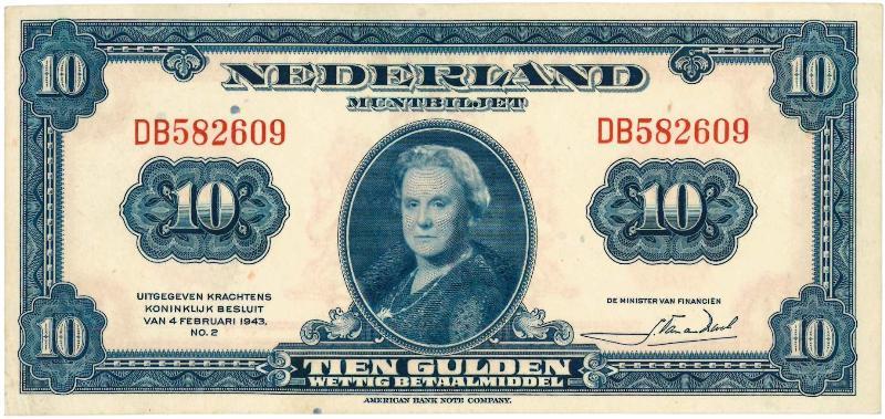 Nederland. 10 gulden. Muntbiljet. Type 1943II. Wilhelmina. - Prachtig +.                                                                                                                                                                                       
