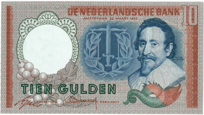 Nederland. 10 gulden. Bankbiljet. Type 1953. Hugo de Groot. - Nagenoeg UNC.                                                                                                                                                                                    