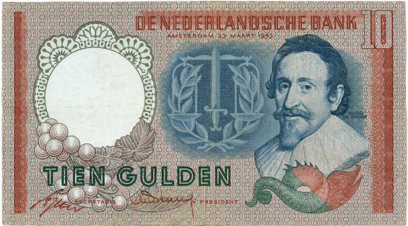 Nederland. 10 gulden. Bankbiljet. Type 1953. Hugo de Groot. - Fraai/Zeer Fraai.                                                                                                                                                                                