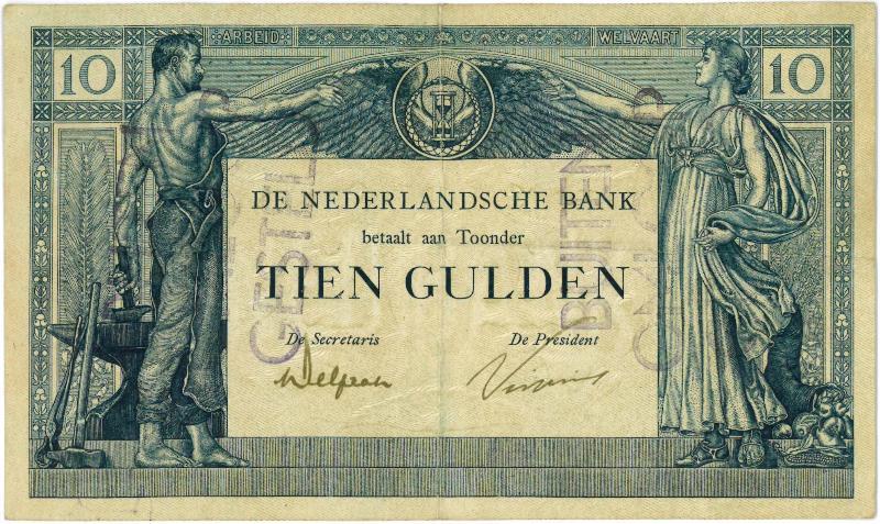 Nederland. 10 gulden. Bankbiljet. Type 1921. Arbeid en Welvaart. - Zeer Fraai+.                                                                                                                                                                                