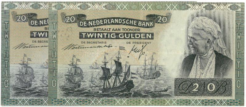 Nederland. 20 gulden. Bankbiljet. Type 1941. Emma. - Overdruk Zeer fraai +                                                                                                                                                                                     