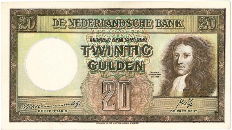 Nederland. 20 gulden. Bankbiljet. Type 1945. Stadhouder Willem III. - Zeer Fraai+.                                                                                                                                                                             
