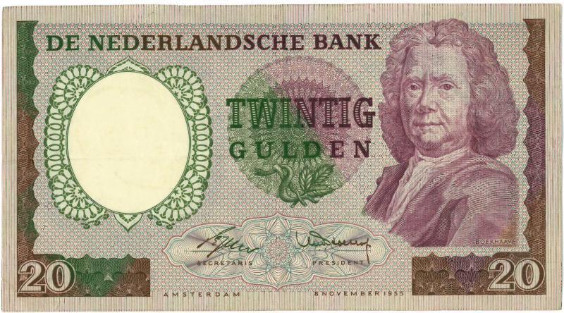 Nederland. 20 gulden. Bankbiljet. Type 1955. Boerhaave. - Zeer Fraai.                                                                                                                                                                                          