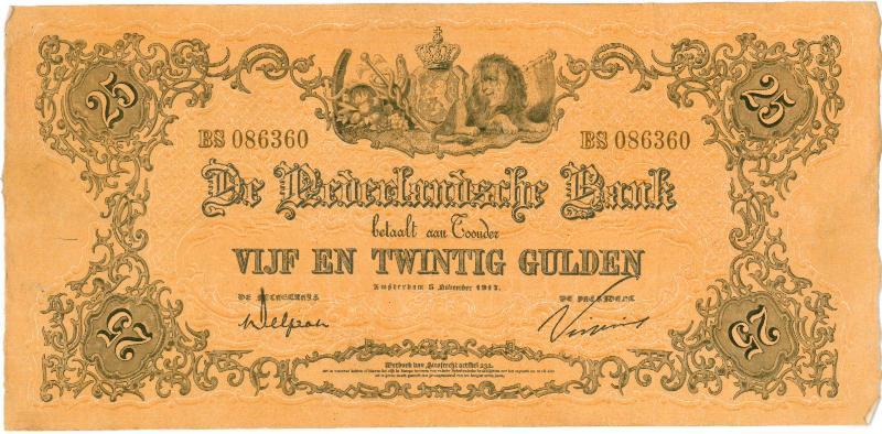Nederland. 25 gulden. Bankbiljet. Type 1860. Geeltje. - Zeer Fraai/Prachtig.                                                                                                                                                                                   