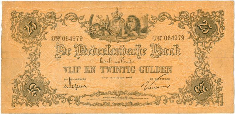 Nederland. 25 gulden. Bankbiljet. Type 1860. Geeltje. - Zeer Fraai.                                                                                                                                                                                            