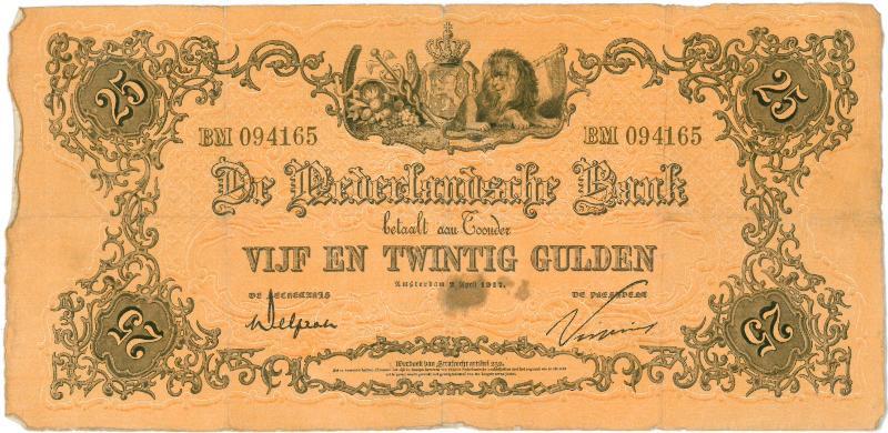 Nederland. 25 gulden. Bankbiljet. Type 1860. Geeltje. - Fraai/Zeer Fraai.                                                                                                                                                                                      