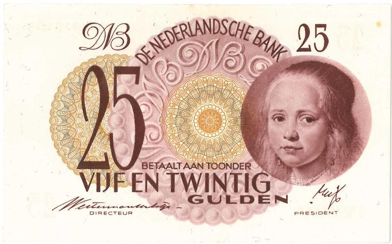 Nederland. 25 gulden. Bankbiljet. Type 1945. Meisje in blauw. - Zeer Fraai/Prachtig.                                                                                                                                                                           