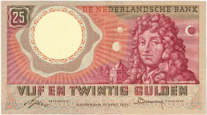 Nederland. 25 gulden. Bankbiljet. Type 1955. Huygens. - Zeer Fraai +.                                                                                                                                                                                          