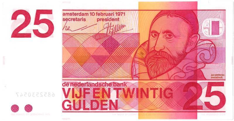Nederland. 25 gulden. Bankbiljet. Type 1971. Sweelinck. - Nagenoeg UNC.                                                                                                                                                                                        