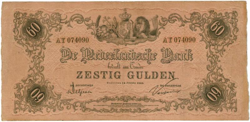 Nederland. 60 gulden. Bankbiljet. type 1860.  - Zeer Fraai.                                                                                                                                                                                                    