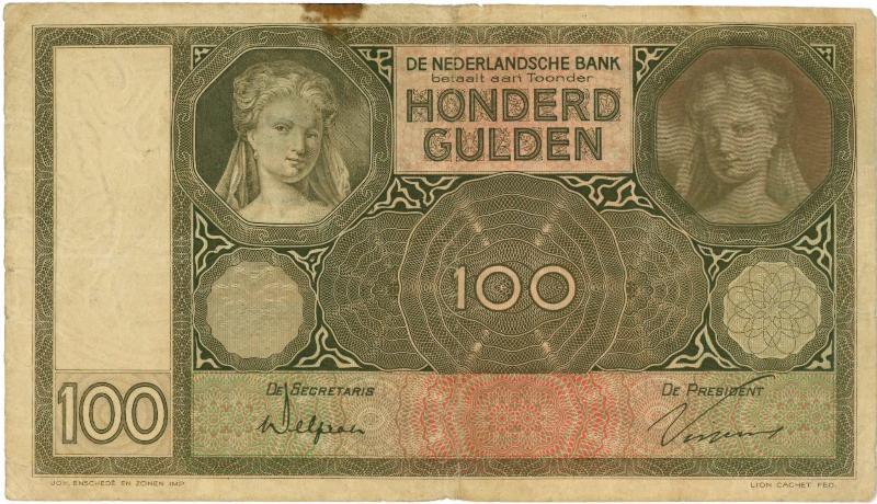 Nederland. 100 gulden. Bankbiljet. Type 1930. Luitspelende vrouw. - Zeer Fraai-.                                                                                                                                                                               