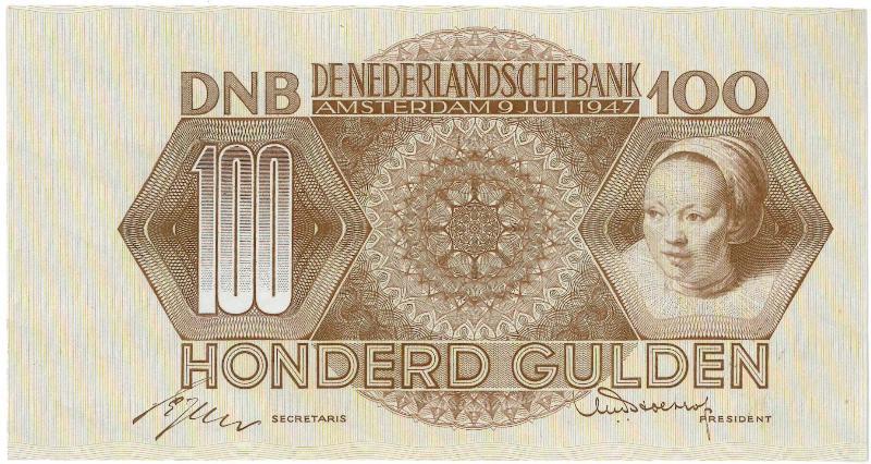 Nederland. 100 gulden. Bankbiljet. Type 1947. Adriaentje Hollaer - Nagenoeg UNC.                                                                                                                                                                               