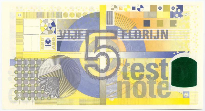 Testbiljetten. 5 florijn testnote. Joh. Enschedé  van origineel veiligheidspapier met zilver hologram. - UNC.                                                                                                                                                  