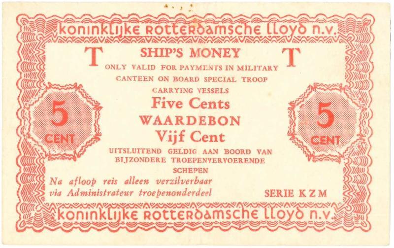 Scheepsgeld. 5 cent. waardebon. type 1949. Shipsmoney - Zeer Fraai.                                                                                                                                                                                            
