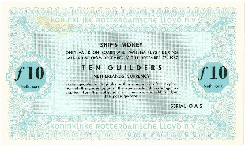 Scheepsgeld. 10 gulden. Bankbiljet. M.S. Willem Ruys 27-12-1957. - UNC.                                                                                                                                                                                        