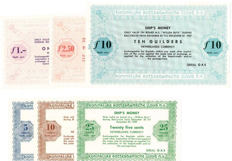 Scheepsgeld. 5 cent - 10 gulden. set van 6 biljetten M.S. Willem Ruys 27-12-1957. - UNC.                                                                                                                                                                       