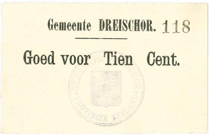 Noodgeld 1ste W.O. 10 cent. Dreischor. - Nagenoeg UNC.                                                                                                                                                                                                         
