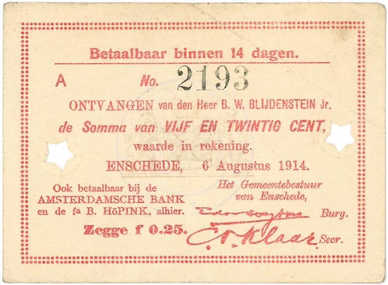Noodgeld 1ste W.O. 25 cent. Enschede. - Zeer Fraai+.                                                                                                                                                                                                           
