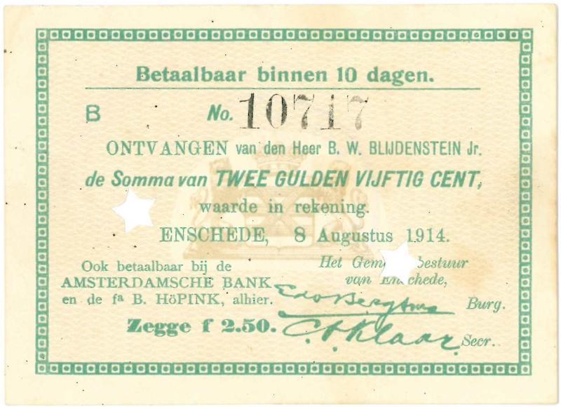 Noodgeld 1ste W.O. 2,5 gulden. Enschede. - Prachtig                                                                                                                                                                                                            