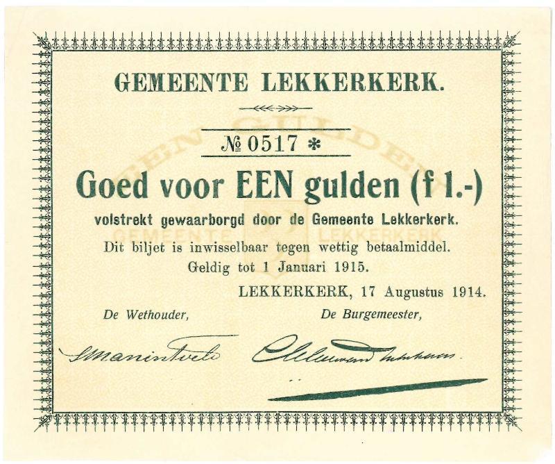 Noodgeld 1ste W.O. 1 gulden. Lekkerkerk. - Zeer Fraai/Prachtig.                                                                                                                                                                                                