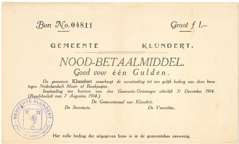 Noodgeld 1ste W.O. 1 gulden Klundert. - Zeer Fraai.                                                                                                                                                                                                            