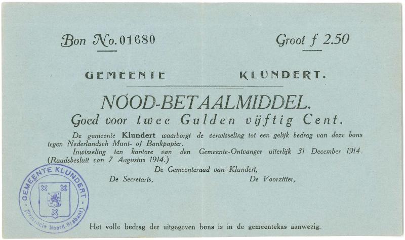 Noodgeld 1ste W.O. 2,5 gulden. Klundert. - Zeer Fraai +.                                                                                                                                                                                                       