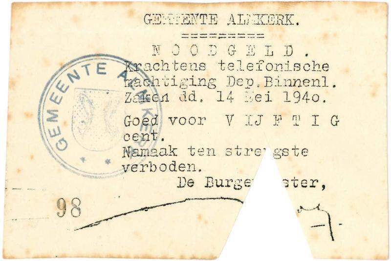 Noodgeld 2de W.O. 50 cent. Almkerk. - Fraai.                                                                                                                                                                                                                   