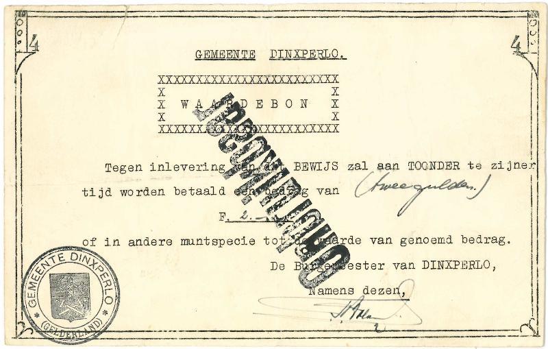 Noodgeld 2de W.O. 2 gulden. Dinxperlo. - Zeer Fraai-.                                                                                                                                                                                                          