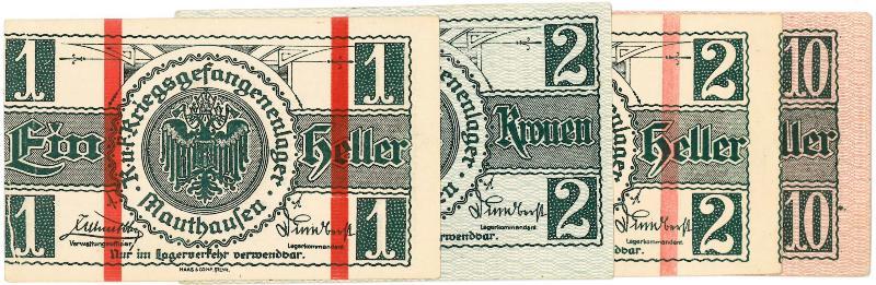 Kampgeld. 1, 2  en 10 Heller. Mauthausen. 4 biljetten. - Prachtig+.                                                                                                                                                                                            