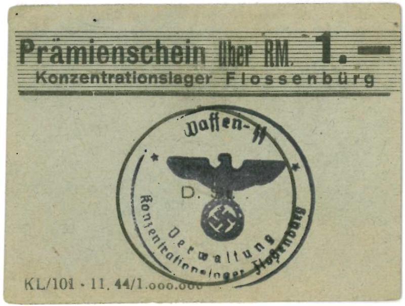 Kampgeld. 1 Rijksmark. Prämienschein.   Flossenburg. - Prachtig.                                                                                                                                                                                               