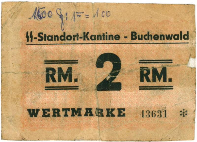 Kampgeld. 2 Rijksmark. Kantinegeld. Buchenwald. - Fraai-.                                                                                                                                                                                                      