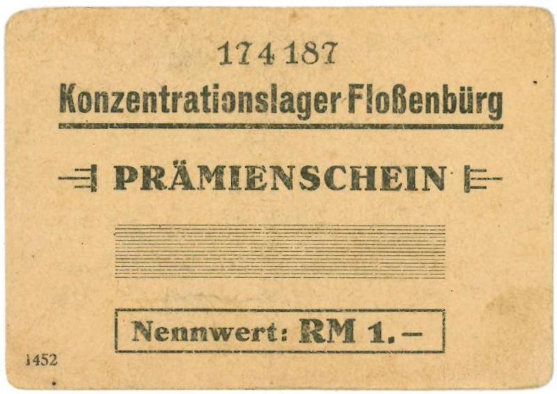 Kampgeld. 1 Rijksmark. Prämienschein. Flossenburg. - Prachtig.                                                                                                                                                                                                 