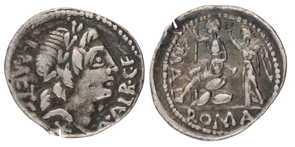Roman Republic. C. Publicius Malleolus, A. Postumius Albinus, L. Caecelius Mettelus. Deanrius. ND (100 - 97 BC).