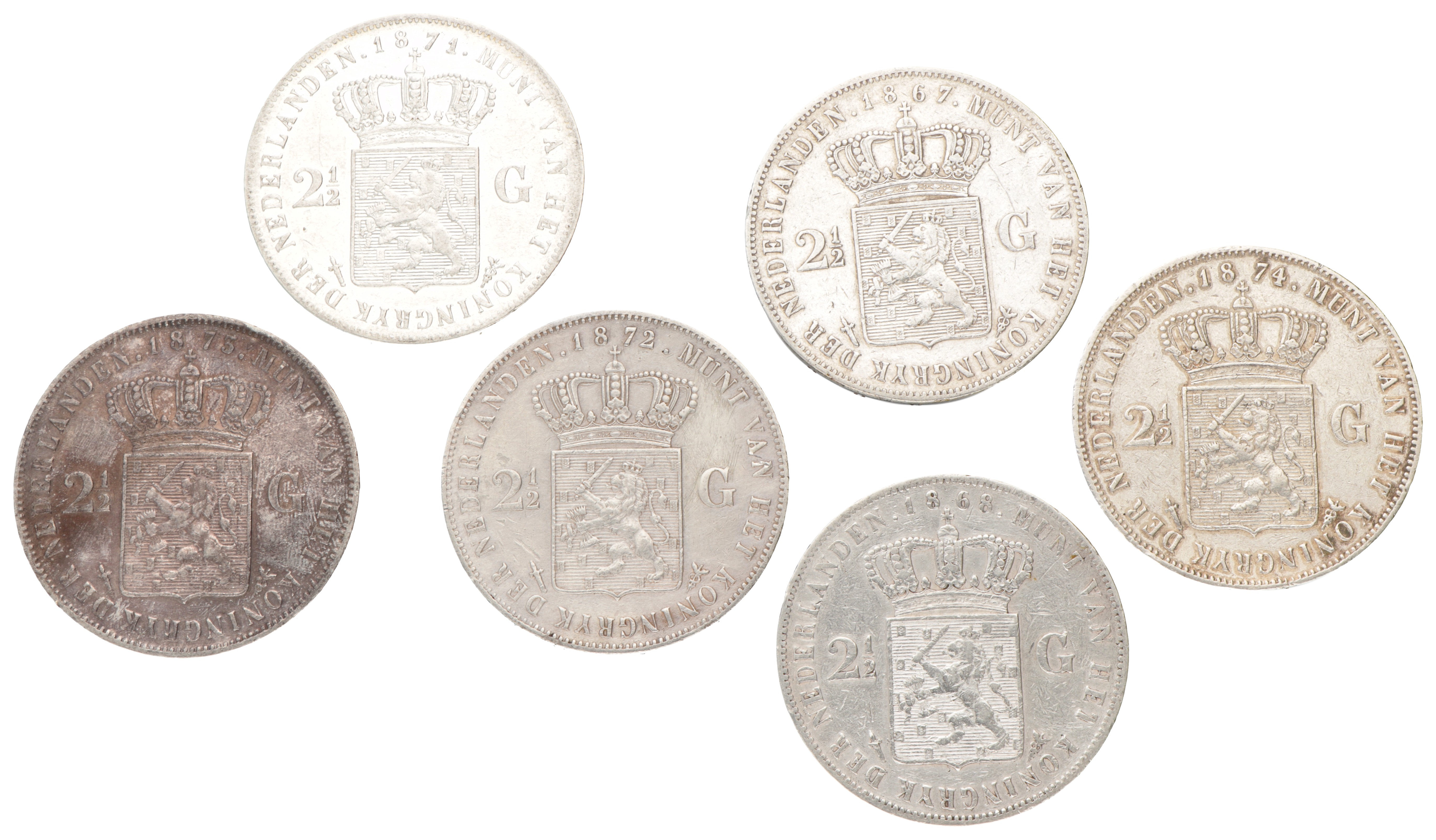 No reserve - Lot (6) 2½ gulden. Willem III. 1867 - 68 - 71 - 72 - 74 - 75. Gemiddeld Fraai.