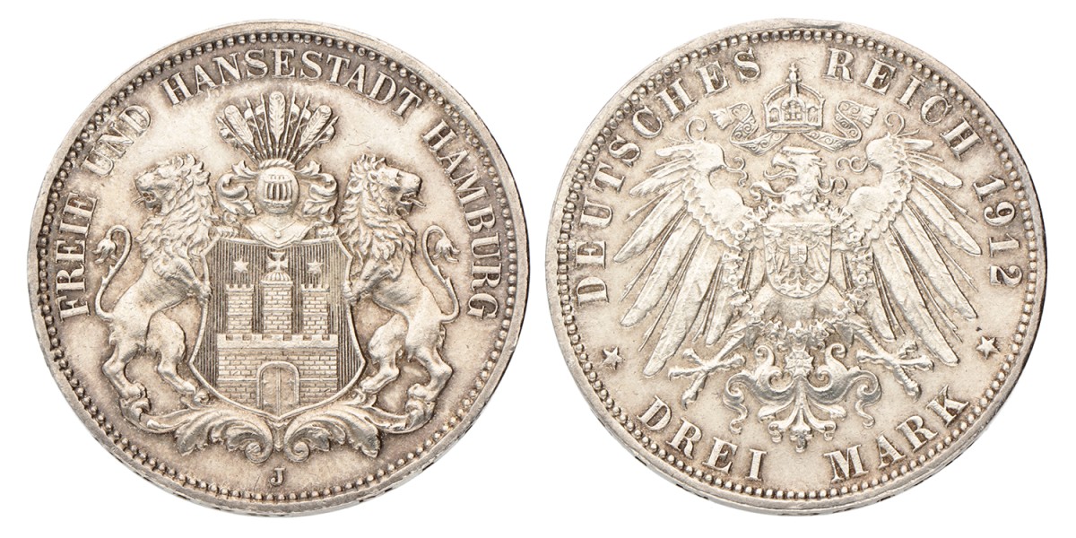 German states. Hamburg. 3 Mark. 1912 J.