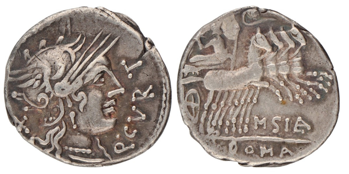 Roman Republic. Cn. Dominantus Ahenobarbus, Q. Curtius, M. Iunius Silanus. Denarius. ND (116/115 BC).