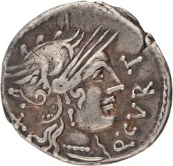 Roman Republic. Cn. Dominantus Ahenobarbus, Q. Curtius, M. Iunius Silanus. Denarius. ND (116/115 BC).