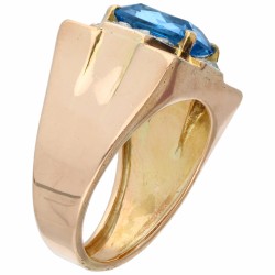 Rosegouden tankring, met diamant en synthetische blauwe spinel - 14 kt.