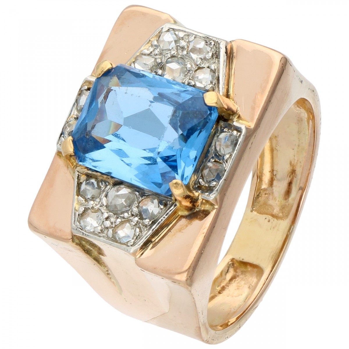 Rosegouden tankring, met diamant en synthetische blauwe spinel - 14 kt.