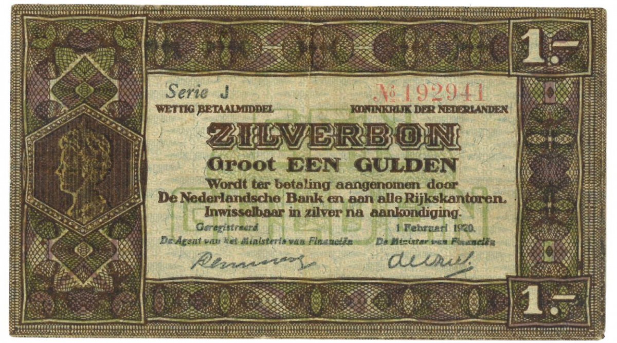 Nederland 1 gulden Zilverbon Type 1920 - Zeer Fraai -