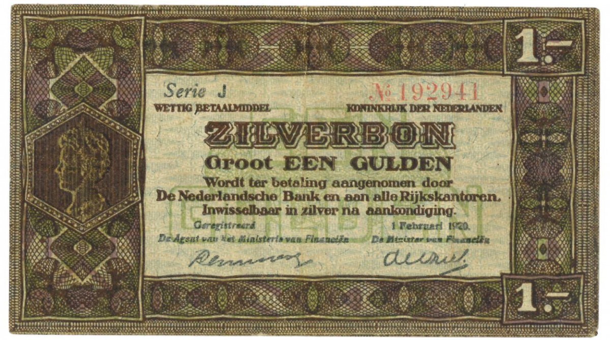 Nederland 1 gulden Zilverbon Type 1920 - Zeer Fraai -