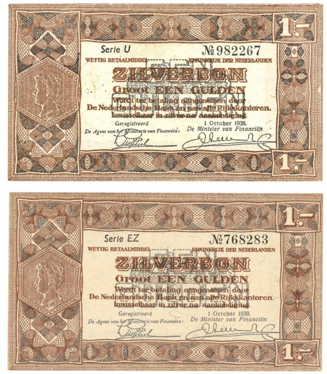 Nederland 2x 1 gulden Zilverbon Type 1938 - Nagenoeg UNC