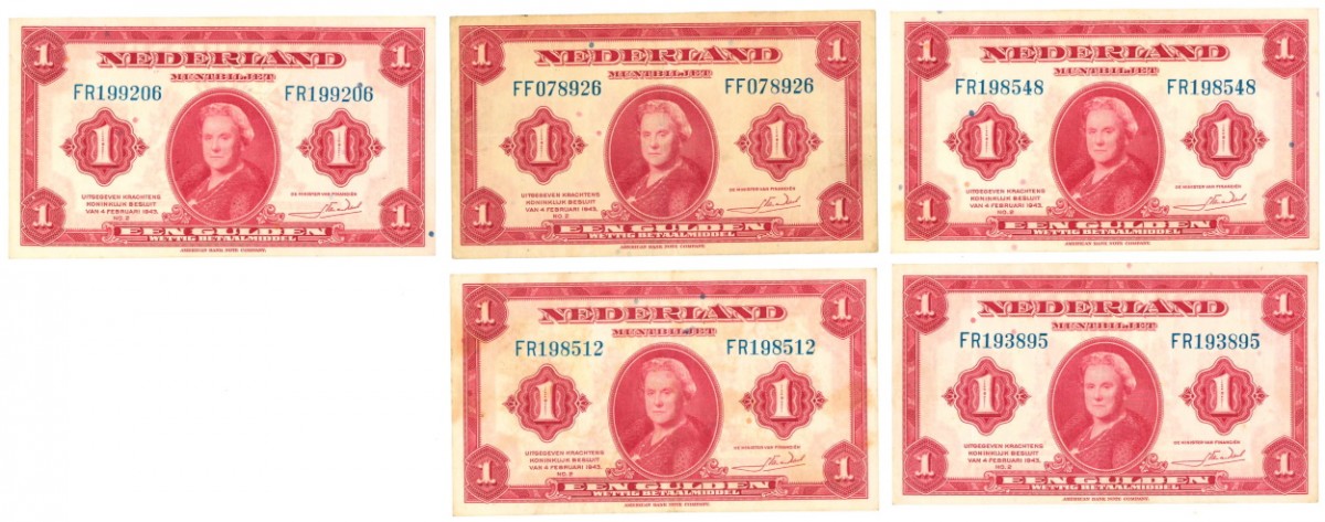 Nederland 5x 1 gulden Muntbiljet Type 1943 Wilhelmina I - Zeer Fraai