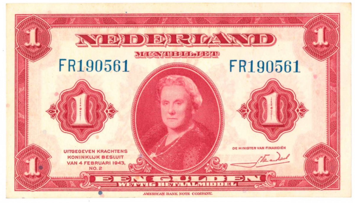 Nederland 1 gulden Muntbiljet Type 1943 Wilhelmina - Zeer Fraai / Prachtig