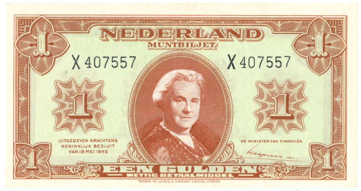 Nederland 1 gulden Muntbiljet Type 1945 Wilhelmina II - Nagenoeg UNC