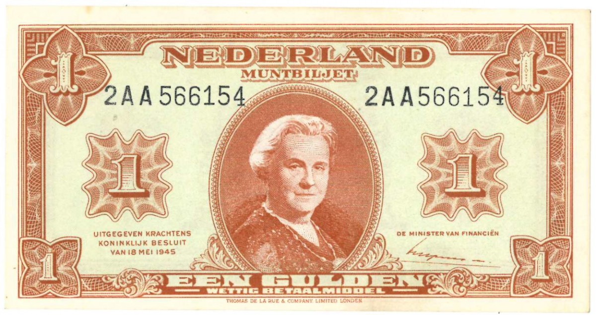 Nederland 1 gulden Muntbiljet Type 1945 Wilhelmina II - Nagenoeg UNC
