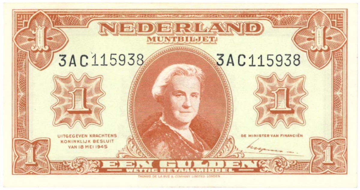 Nederland 1 gulden Muntbiljet Type 1945 Wilhelmina II - Prachtig +