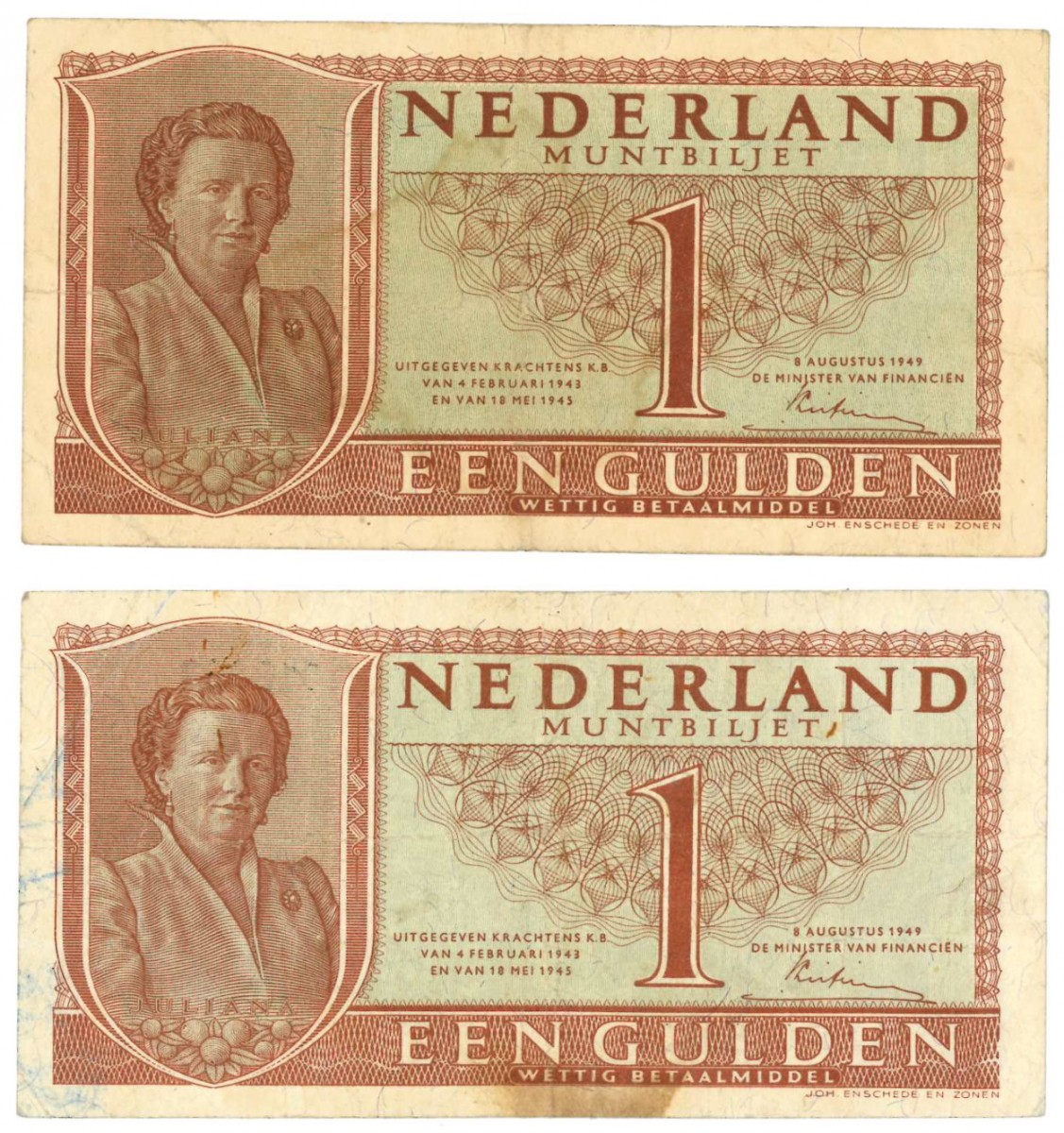 Nederland 2x 1 gulden Muntbiljet Type 1949 Juliana - Fraai +