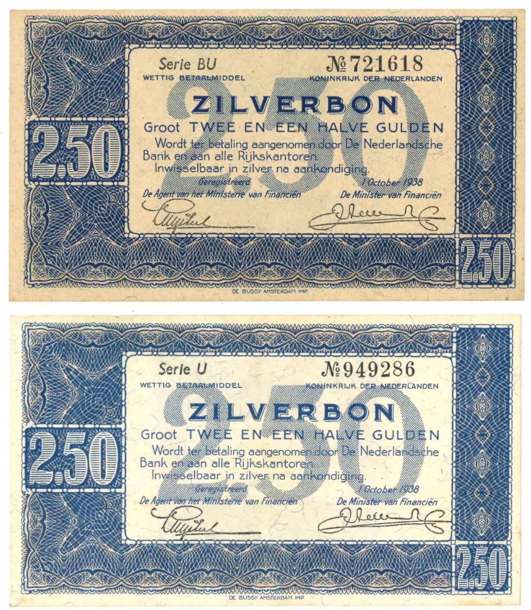 Nederland 2x 2½ gulden Zilverbon Type 1938 - Prachtig +
