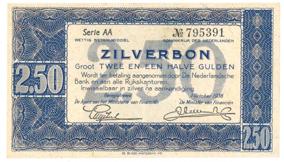 Nederland 2½ gulden Zilverbon Type 1938 - Prachtig +